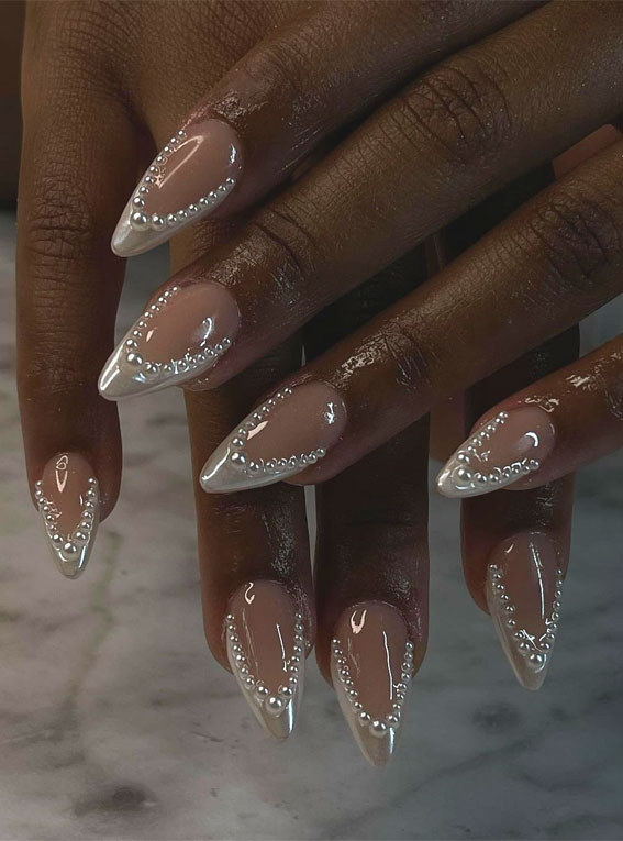 25 Elegant Bliss Captivating Wedding Nail Designs : Pearl Double French Bridal Nails