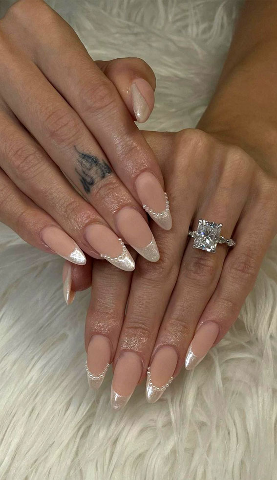 22 Gorgeous Bridal Nail Ideas for Your Big Day : Double French Pearl & Reflective Tips