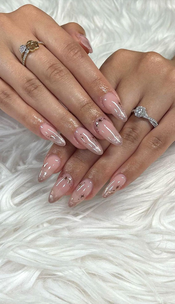 22 Gorgeous Bridal Nail Ideas for Your Big Day : Subtle Shimmery & Sparkle Stars Nude Nails