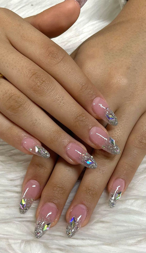 22 Gorgeous Bridal Nail Ideas for Your Big Day : Ombre Reflective Tips + Rhinestones