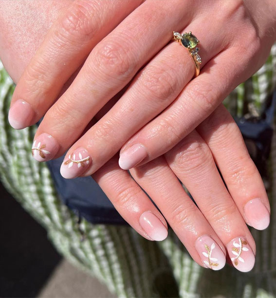 22 Gorgeous Bridal Nail Ideas for Your Big Day : Gold & White Vines Ombre Nails