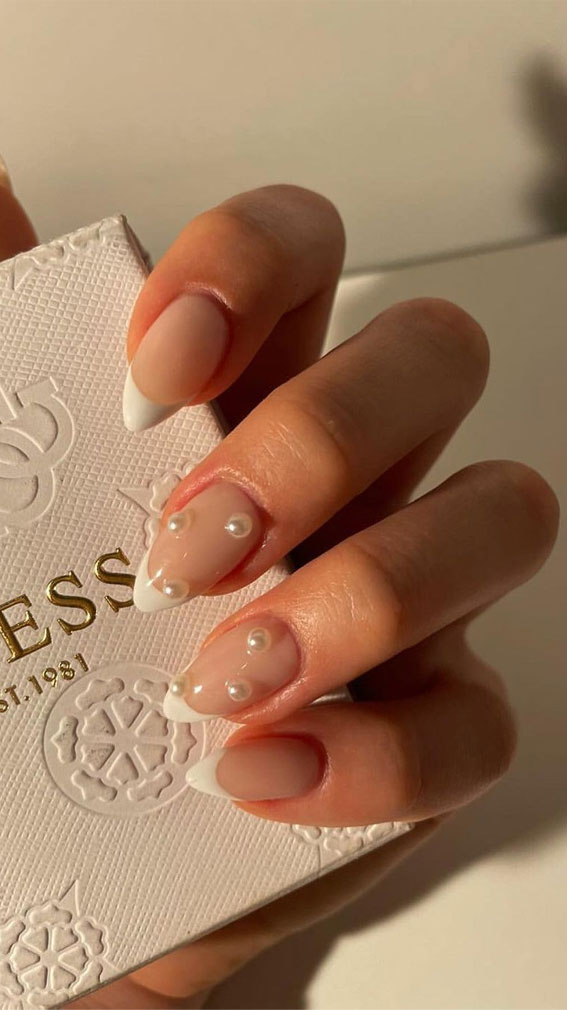 25 Elegant Bliss Captivating Wedding Nail Designs : French Tips Nails with Pearls