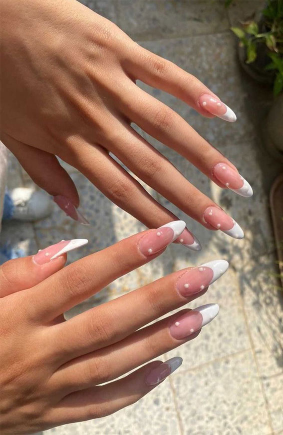 25 Elegant Bliss Captivating Wedding Nail Designs : French Tips Long Nails with Pearls