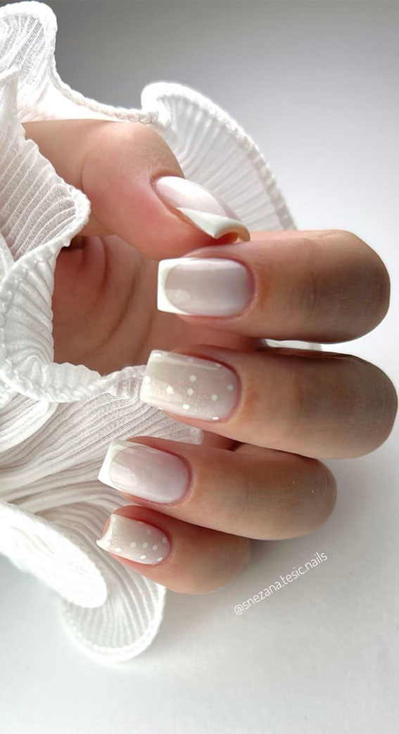 25 Elegant Bliss Captivating Wedding Nail Designs : Ombre Nails with French Tips & White Dotties
