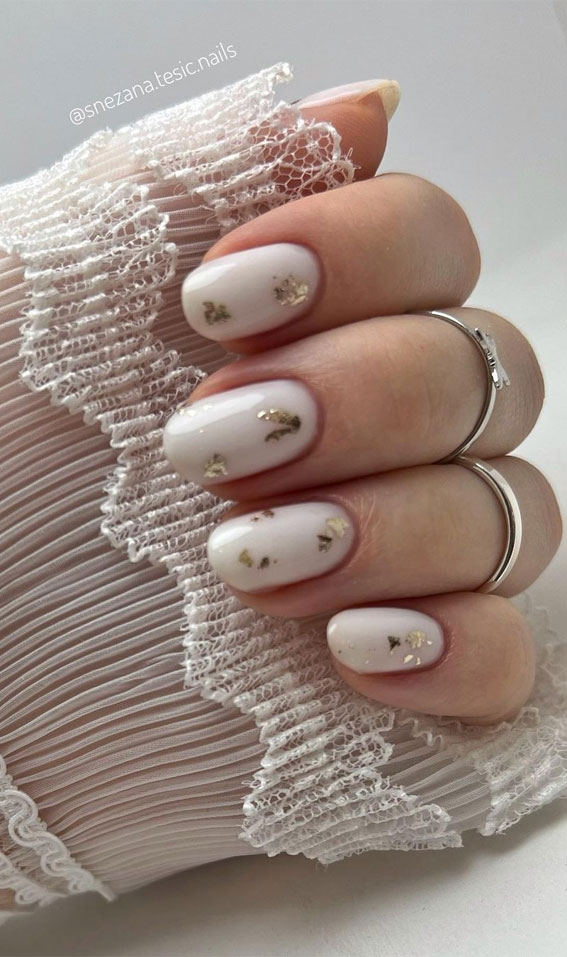 25 Elegant Bliss Captivating Wedding Nail Designs : Gold Flake Milky Nails