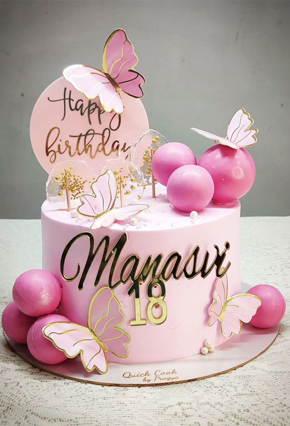 18th Birthday Cake Ideas for a Memorable Celebration : Pink Cake with Balls & Butterflies