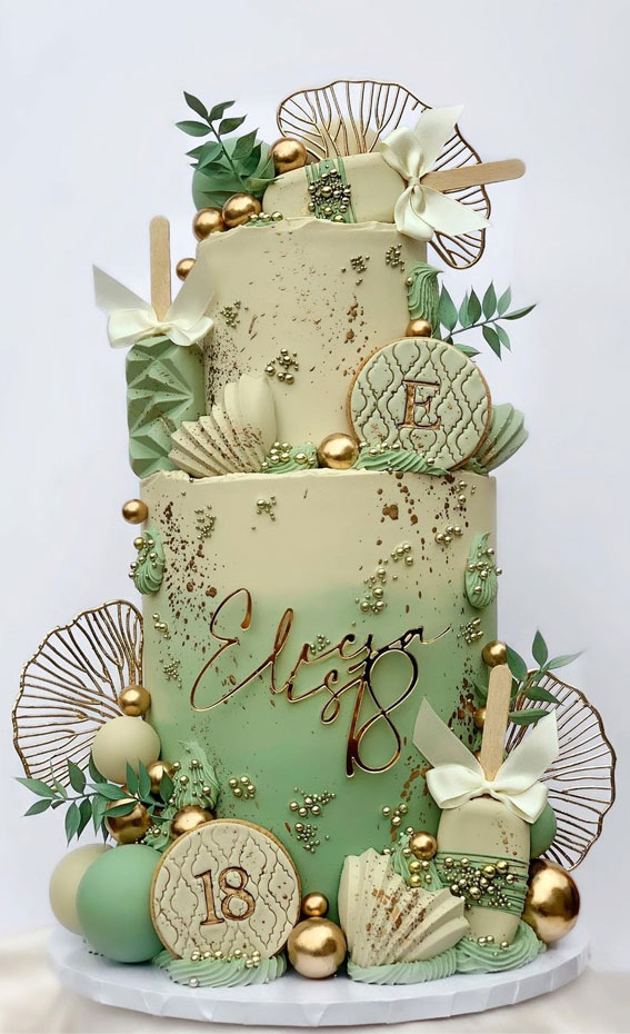 18th Birthday Cake Ideas for a Memorable Celebration : Two Tier Sage, Cream & Gold Cake + Ginko Leaves