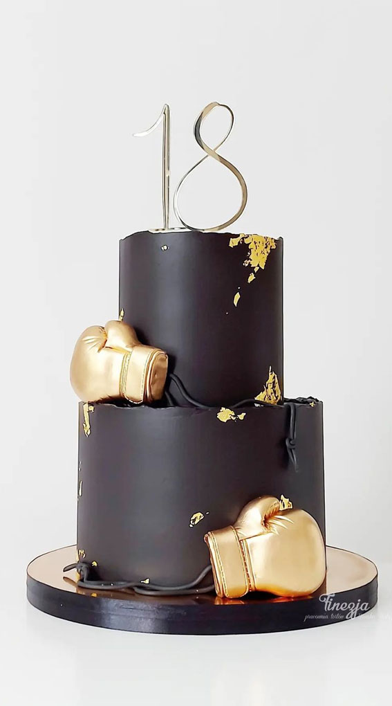 18th Birthday Cake Ideas for a Memorable Celebration : Black Cake with Gold Boxing Gloves