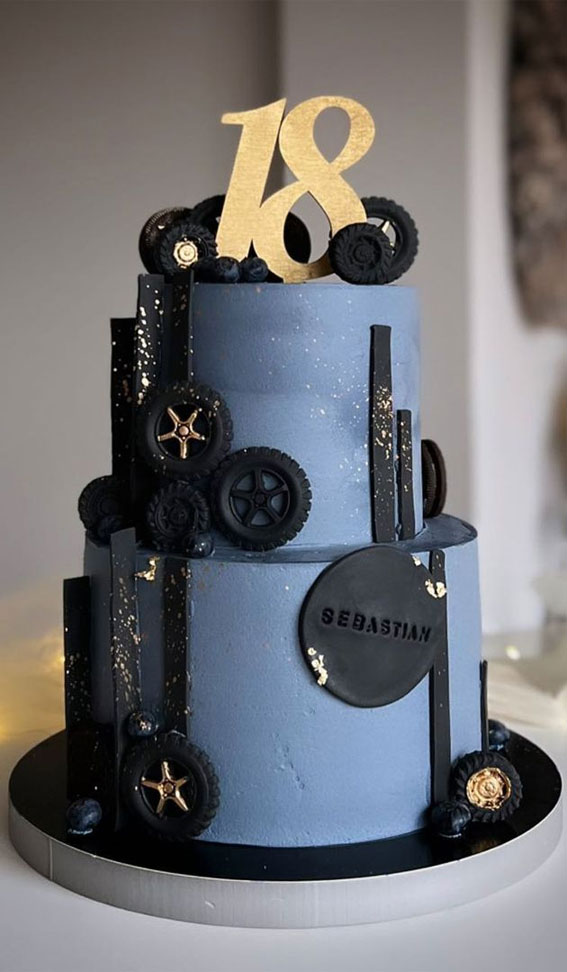 18th Birthday Cake Ideas for a Memorable Celebration : Wheels on Blue Two-Tiered Cake