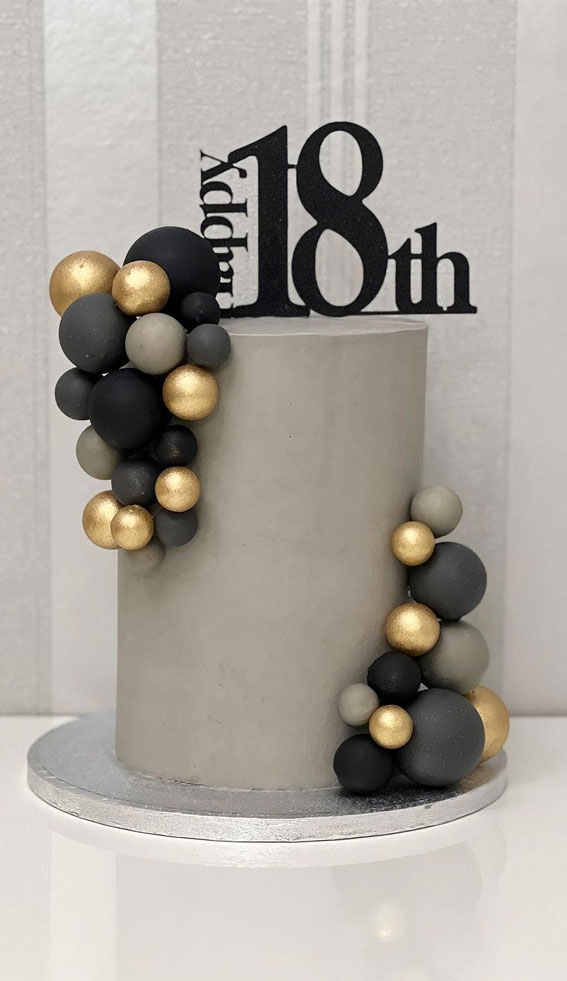 18th Birthday Cake Ideas for a Memorable Celebration : Grey Concrete Cake with Black & Gold Balls