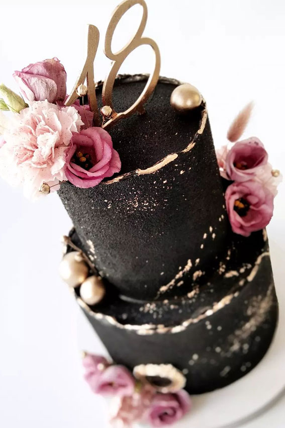 18th Birthday Cake Ideas for a Memorable Celebration : Matte Black Two Tiers with Pink Flowers