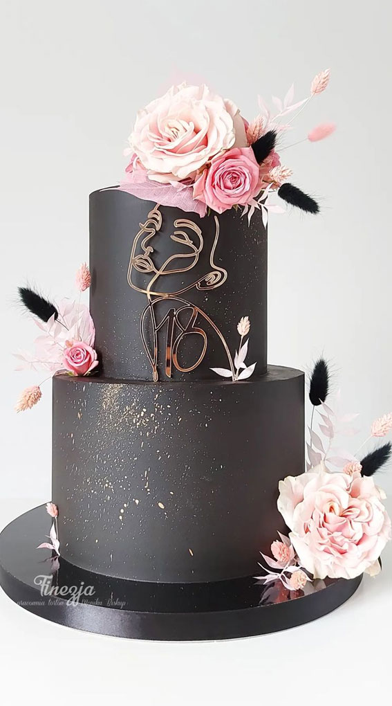 18th Birthday Cake Ideas for a Memorable Celebration : Gold Woman Fine Line Adorned Black Two Tiers