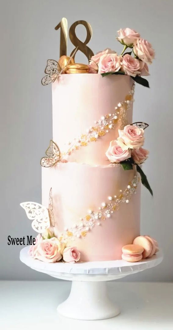 18th Birthday Cake Ideas for a Memorable Celebration : Pink Two Tiers with Pearls, Butterflies & Roses
