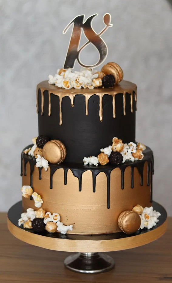 18th Birthday Cake Ideas for a Memorable Celebration : Black & Gold Dripped Two Tiers