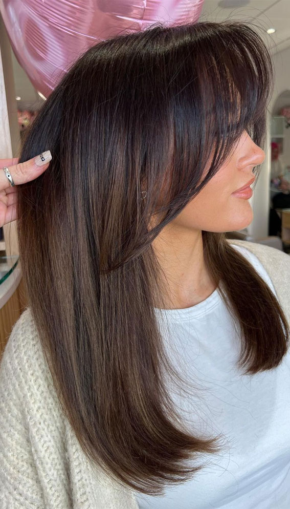 54 Trendy Hair Colour Ideas to Rock This Autumn : Chocolate Brown with Curtain Bangs