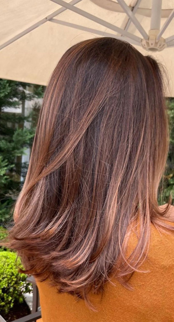 54 Trendy Hair Colour Ideas to Rock This Autumn : Cinnamon Copper Balayage Highlights