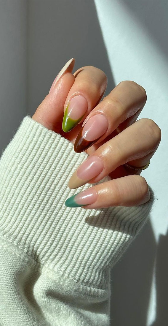 Different Colour Fall Nails, Different Color French Tip Nails, pick n mix nails , Green Nails, Fall Nails, Autumn Nails, Autumn Nail Designs, Fall Nails 2023