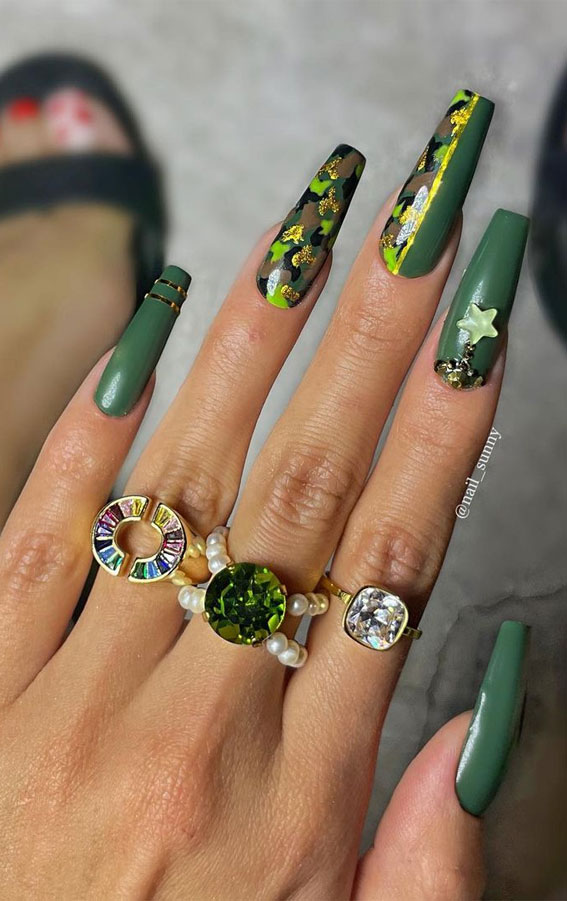 Embrace Autumn with Stunning Nail Art Ideas : Green Camouflage Acrylic Nails