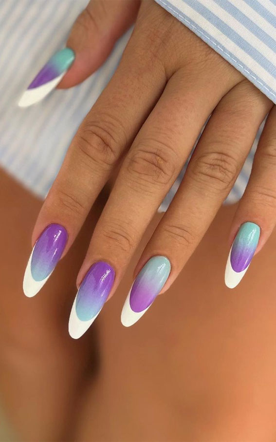 Embrace Autumn with Stunning Nail Art Ideas : Ombre Peacock Tone White Tip Nails
