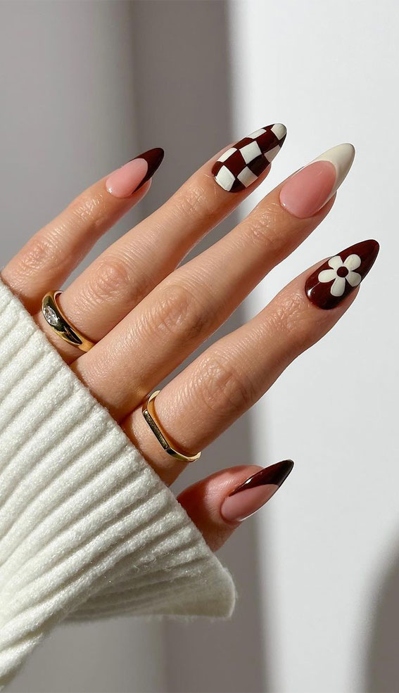 Embrace Autumn with Stunning Nail Art Ideas : Brown Checkerboard & Flower Nails