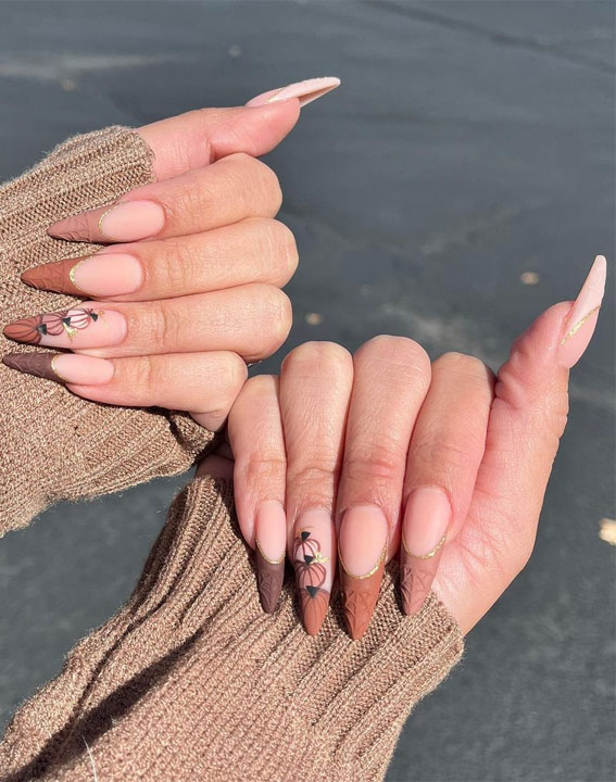 Embrace Autumn with Stunning Nail Art Ideas : Gradient Brown Tips with Pumpkin