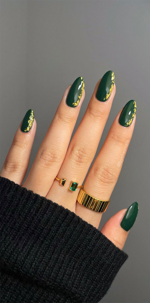 Embrace Autumn with Stunning Nail Art Ideas : Dark Green Nails with Gold Foil Accents