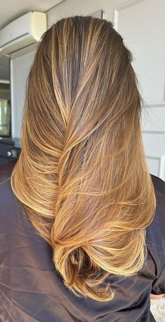 42 Stunning Autumn Hair Colour Ideas to Embrace the Season : Golden Honey Balayage Highlights