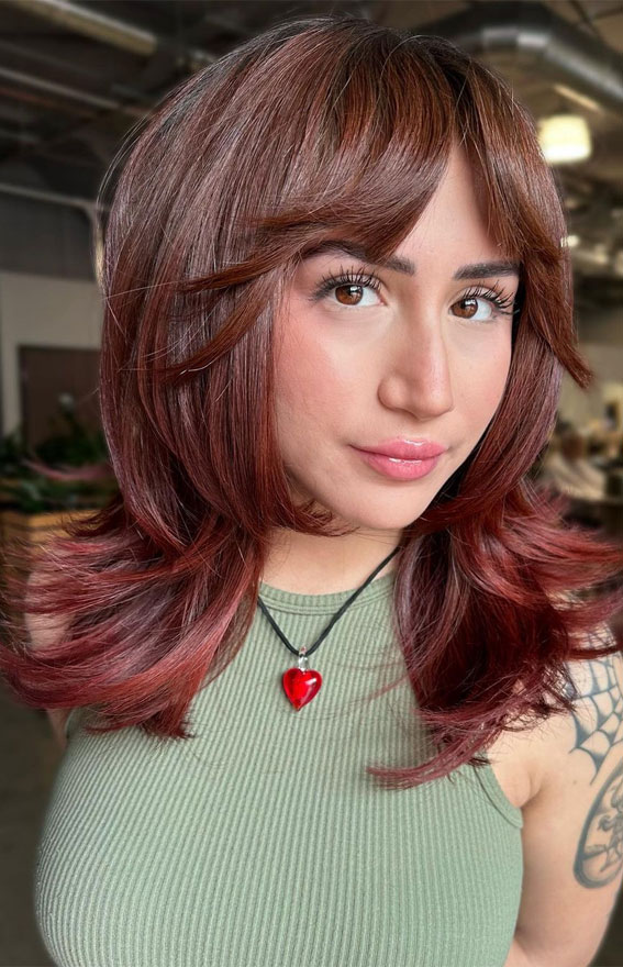 Warm and Inviting Fall Hair Colour Inspirations : Red Wine Hair Colour on Flippy, Wispy Layers