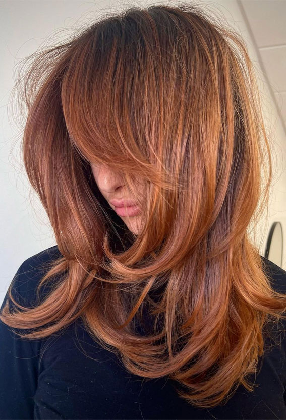 Warm and Inviting Fall Hair Colour Inspirations : Copper Balayage Layered Medium Length