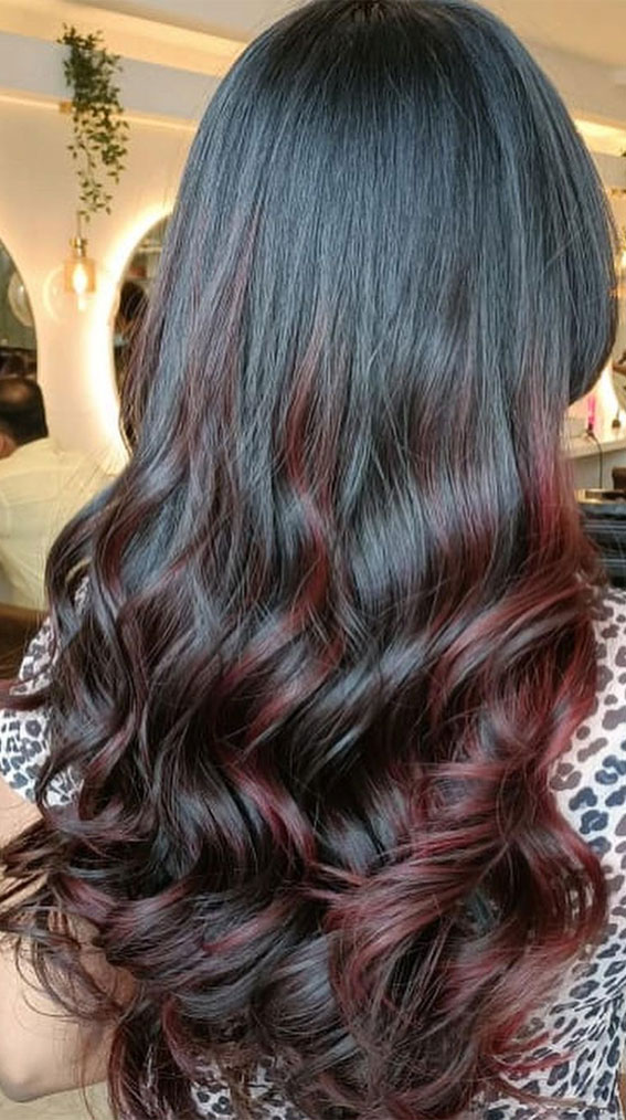 42 Stunning Autumn Hair Colour Ideas to Embrace the Season : Deep Plum Red Highlights
