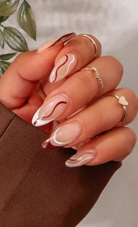 Embrace Autumn with Stunning Nail Art Ideas : Brown & White Swirl Fall Nails
