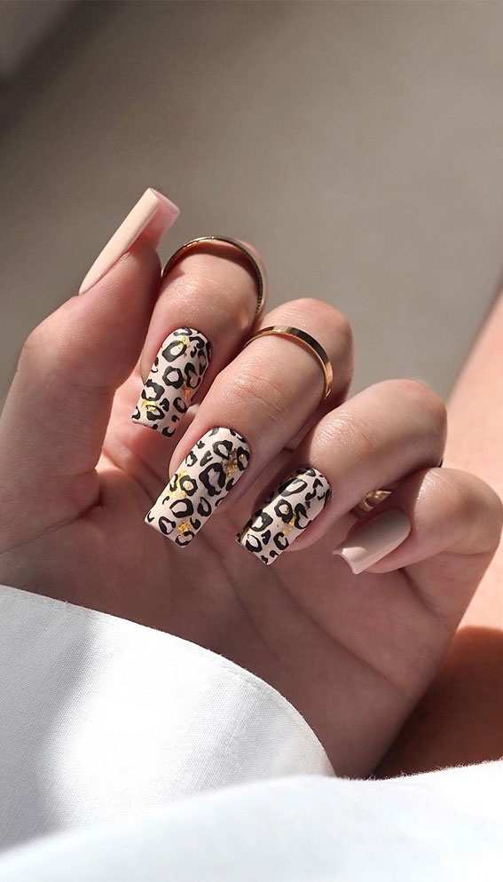  Leopard Print Nude Square Nails, cheetah nails, cheetah print nails,  autumn nails, fall nails