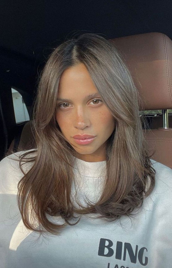 50 Chic and Versatile Medium Layered Haircut Ideas : Middle Part Brown Layers