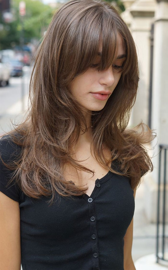 50 Chic and Versatile Medium Layered Haircut Ideas : Brown Soft Layers with Fringe