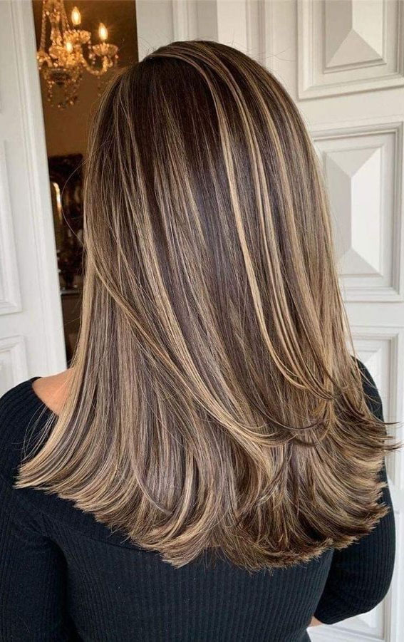 brown hair with highlights, shoulder hair length, medium brown hair, shoulder brown haircut 
