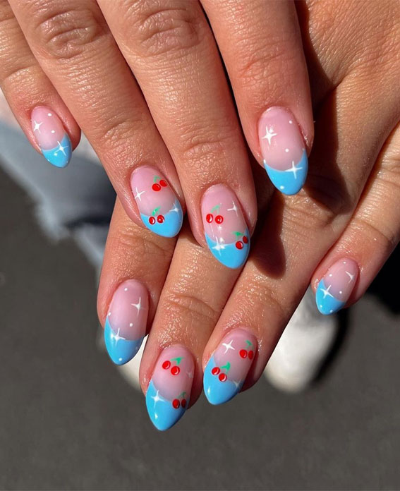 Chic Summer Nail Ideas Embrace the Season with Style : Blue French Tips + Cherries