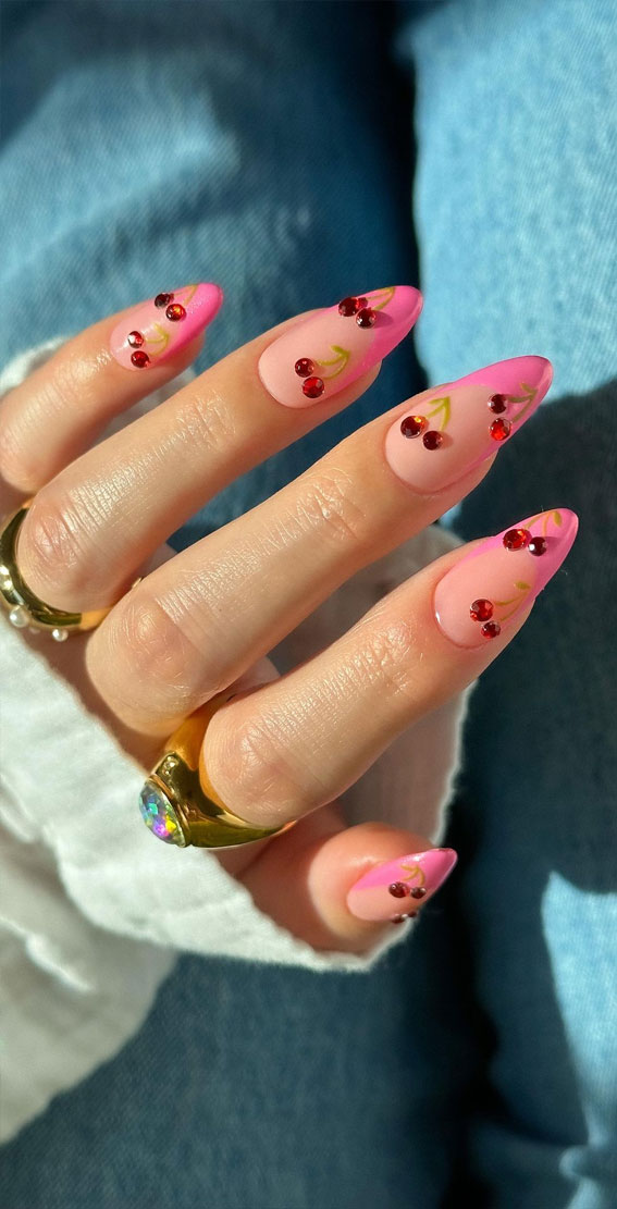 Chic Summer Nail Ideas Embrace the Season with Style : Pink French Tips with Red Cherries