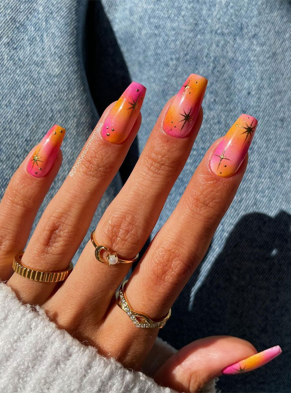 Chic Summer Nail Ideas Embrace the Season with Style : Pink & Yellow Ombre Nails with Sparkles