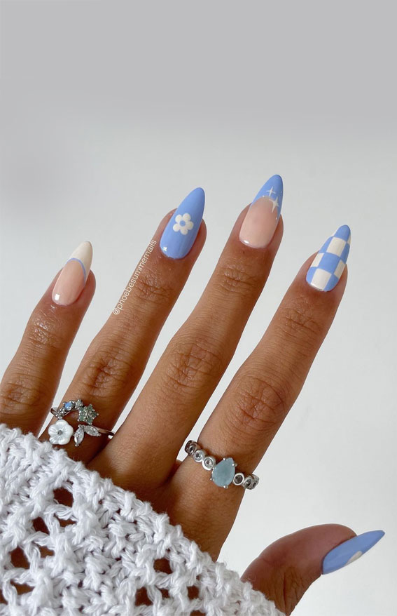 Chic Summer Nail Ideas Embrace the Season with Style : Mix n Match Blue Print Y2K Nails