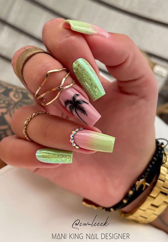Chic Summer Nail Ideas Embrace the Season with Style : Ombre Green Tropical Vibe Nails