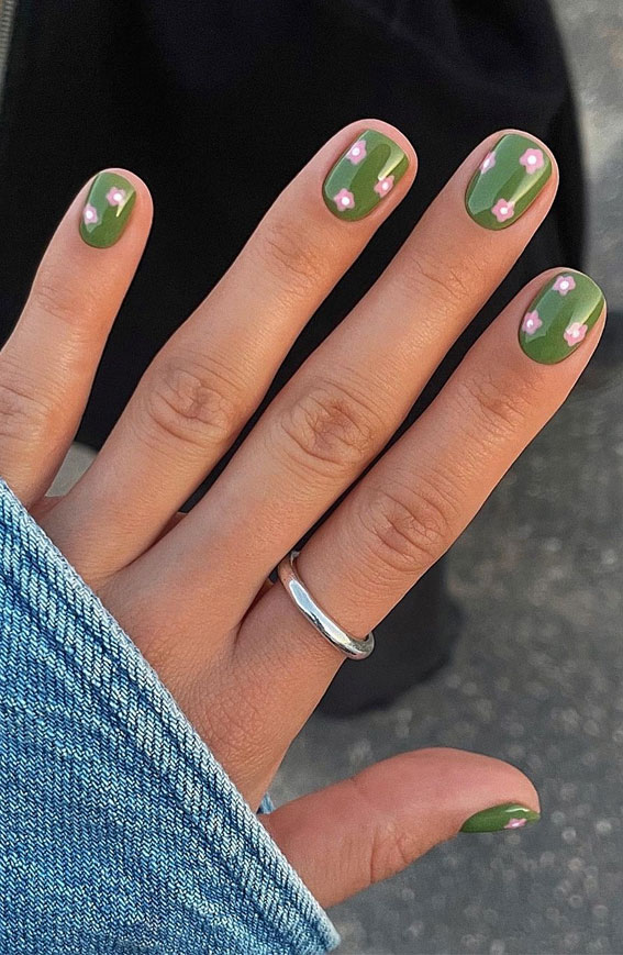 Chic Summer Nail Ideas Embrace the Season with Style : Dark Green with Pink Floral Nails