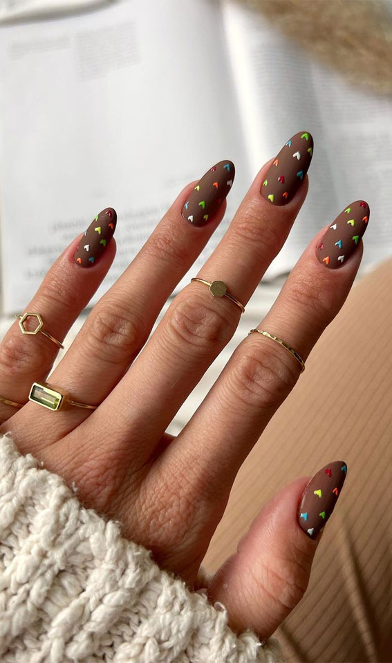 Chic Summer Nail Ideas Embrace the Season with Style : Tiny Colourful Heart Brown Nails
