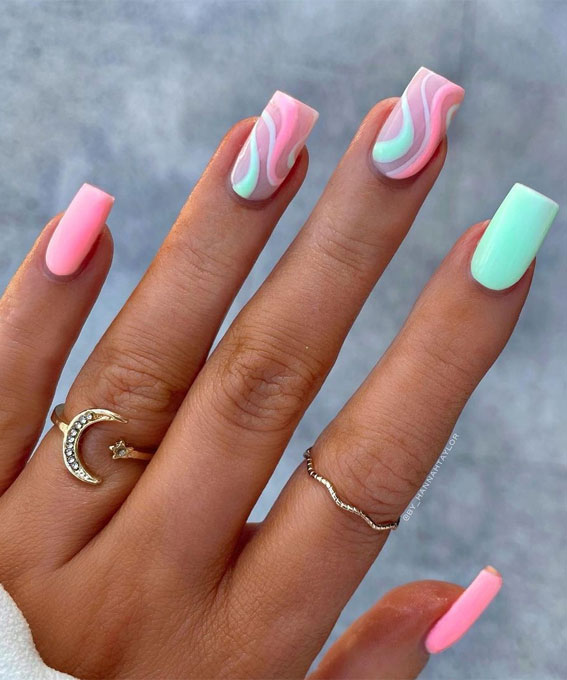Chic Summer Nail Ideas Embrace the Season with Style : Pastel Swirl Square Nails