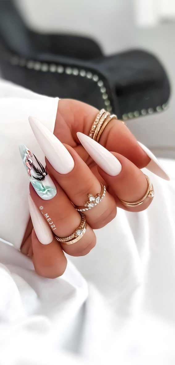 Chic Summer Nail Ideas Embrace the Season with Style : Palm Tree White Stiletto Nails