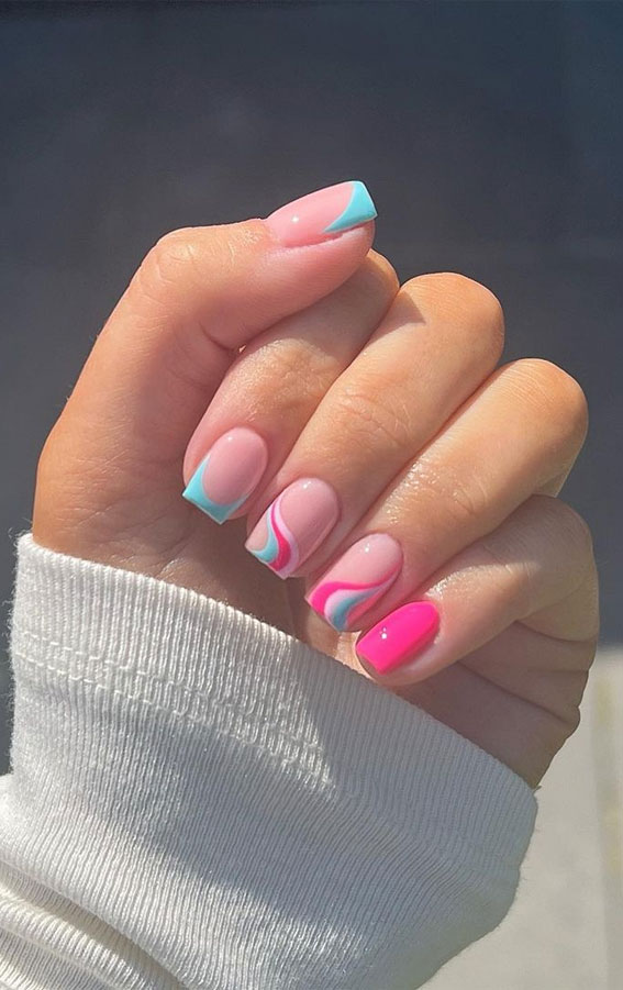 Chic Summer Nail Ideas Embrace the Season with Style : Blue and Pink Square Nails