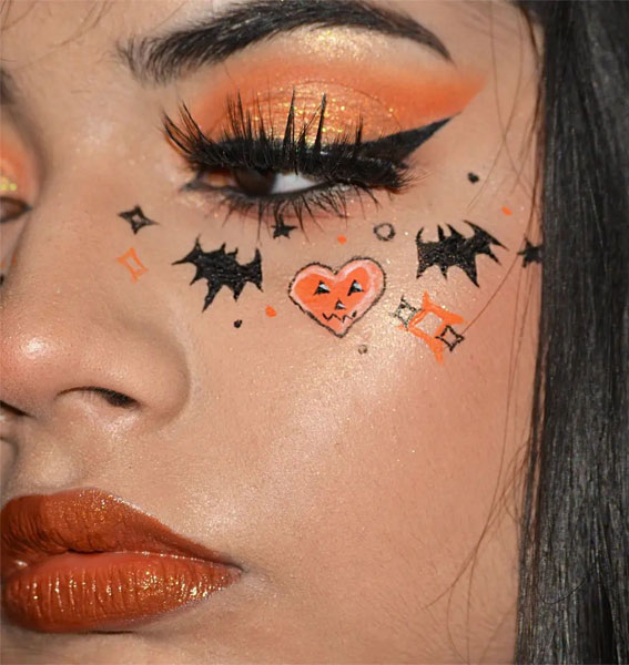 Creative Halloween Makeup Looks : Pumpkin Heart & Bats