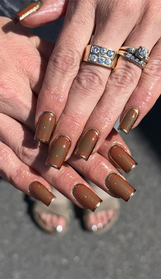 Embrace Autumn with Stunning Nail Art Ideas : Gold Frame Aura Brown Nails