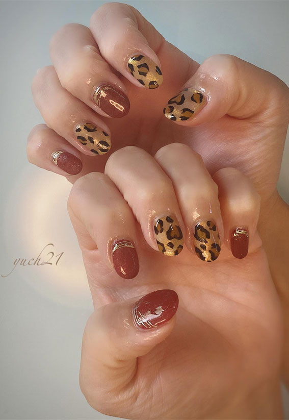 Embrace Autumn with Stunning Nail Art Ideas : Golden Leopard Print + Cinnamon Rose Nails