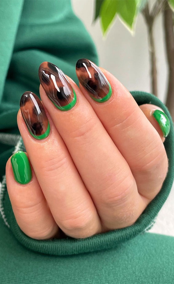 Embrace Autumn with Stunning Nail Art Ideas : Green Reverse French + Tortoiseshell Nails