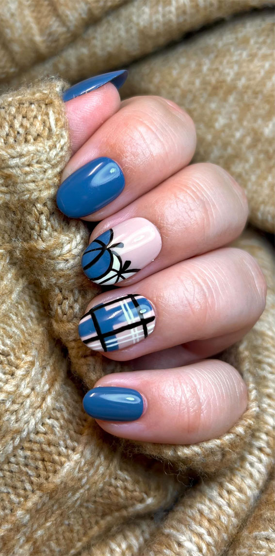 Embrace Autumn with Stunning Nail Art Ideas : Blue Plaid & Pumpkin Tip Nails